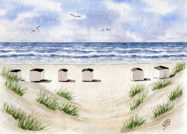 Poster DIN-A4  Aquarell Maritim Kunst Druck Kunstdruck Dänemark Nordsee Blokhus Strand Strandhäuser Badehäuser Dünen